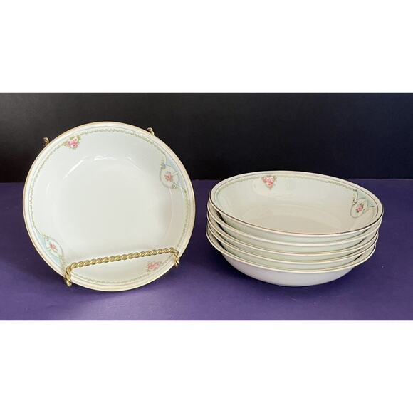 N41 Noritake Fruit Dessert Sauce Bowl Pink Roses Blue Triangle Green Leaf Border - Picture 1 of 4